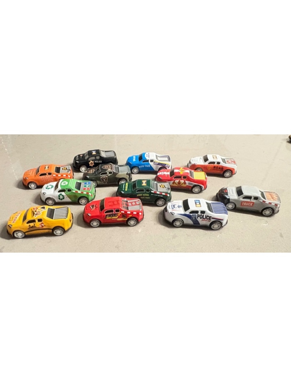 12 different pull and go cars.